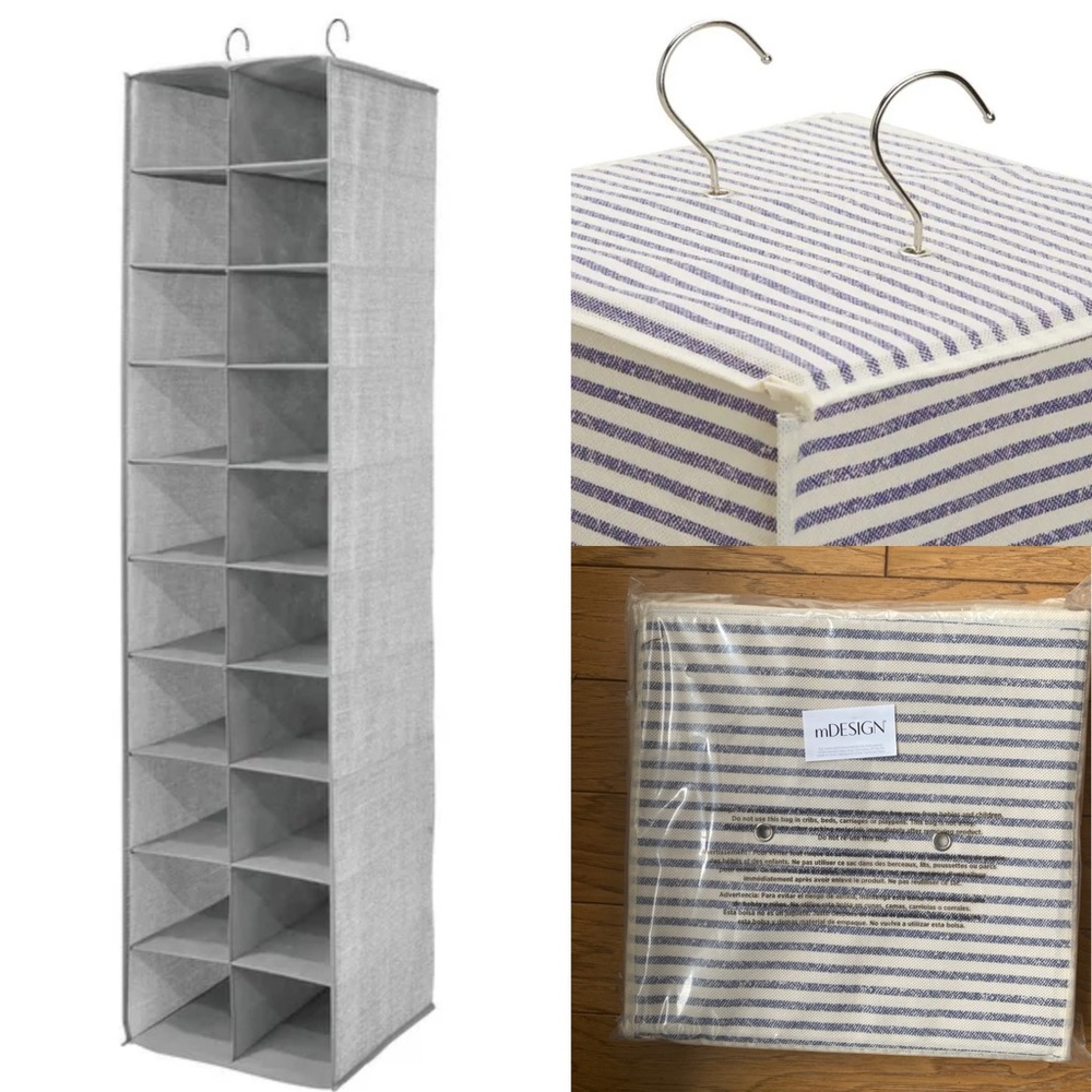 NWT MDesign 20 Compartment Hanging Shoe Closet Organizer Natural/ Blue Stripe